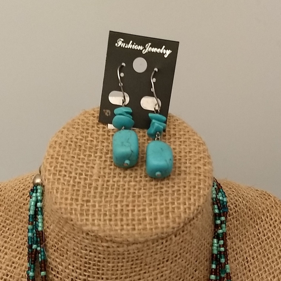 Artisan Multi Tiered VTG Colorful Teal & Amber Glass Bead Necklace & Earring Set - Picture 7 of 10